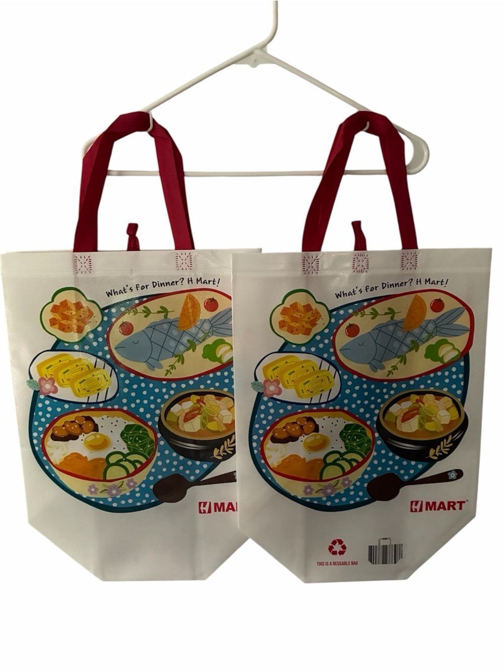 H Mart Reusable Grocery Tote Bag - White with Colorful Food Print